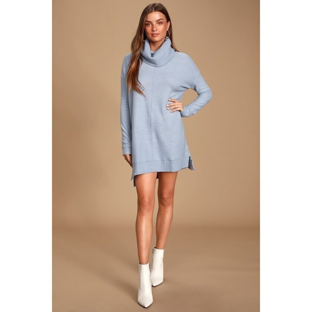 Lulus Autumn Daze Light Blue Cowl Neck Long Sleeve Sweater Dress - Size XS